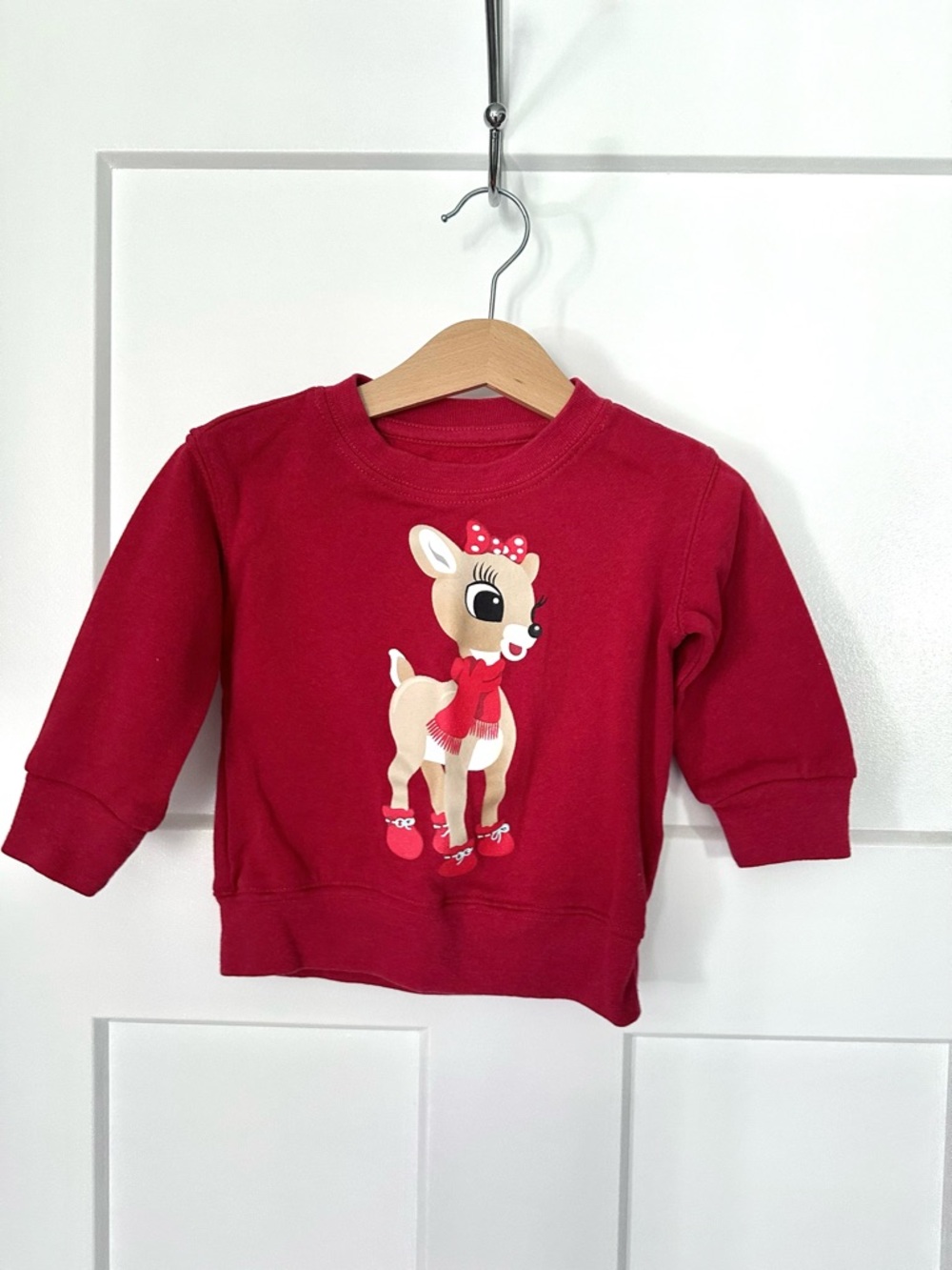 Red Kids Sweatshirt with Clarice Reindeer, Size 18M